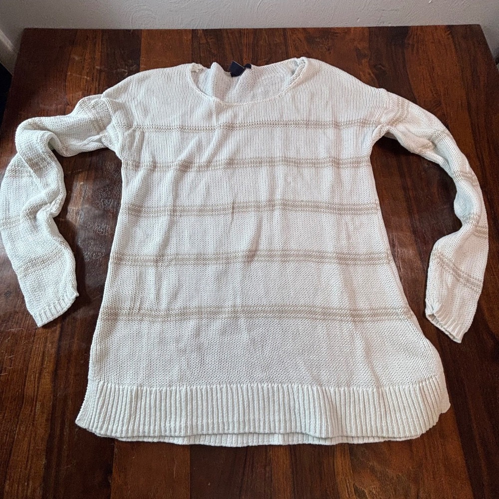 Gap Womens Large‎ White Tan Striped 100% Cotton Long Sleeve Crew Neck Sweater